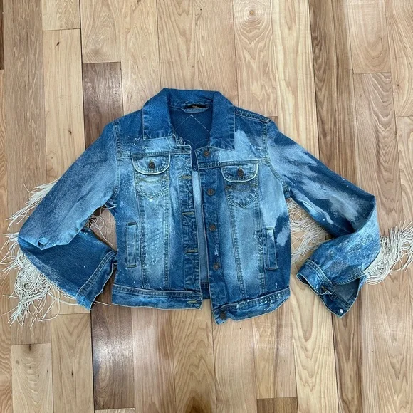 Custom Rolling Stones distressed denim jacket with fringe - Small - Picture 5 of 10